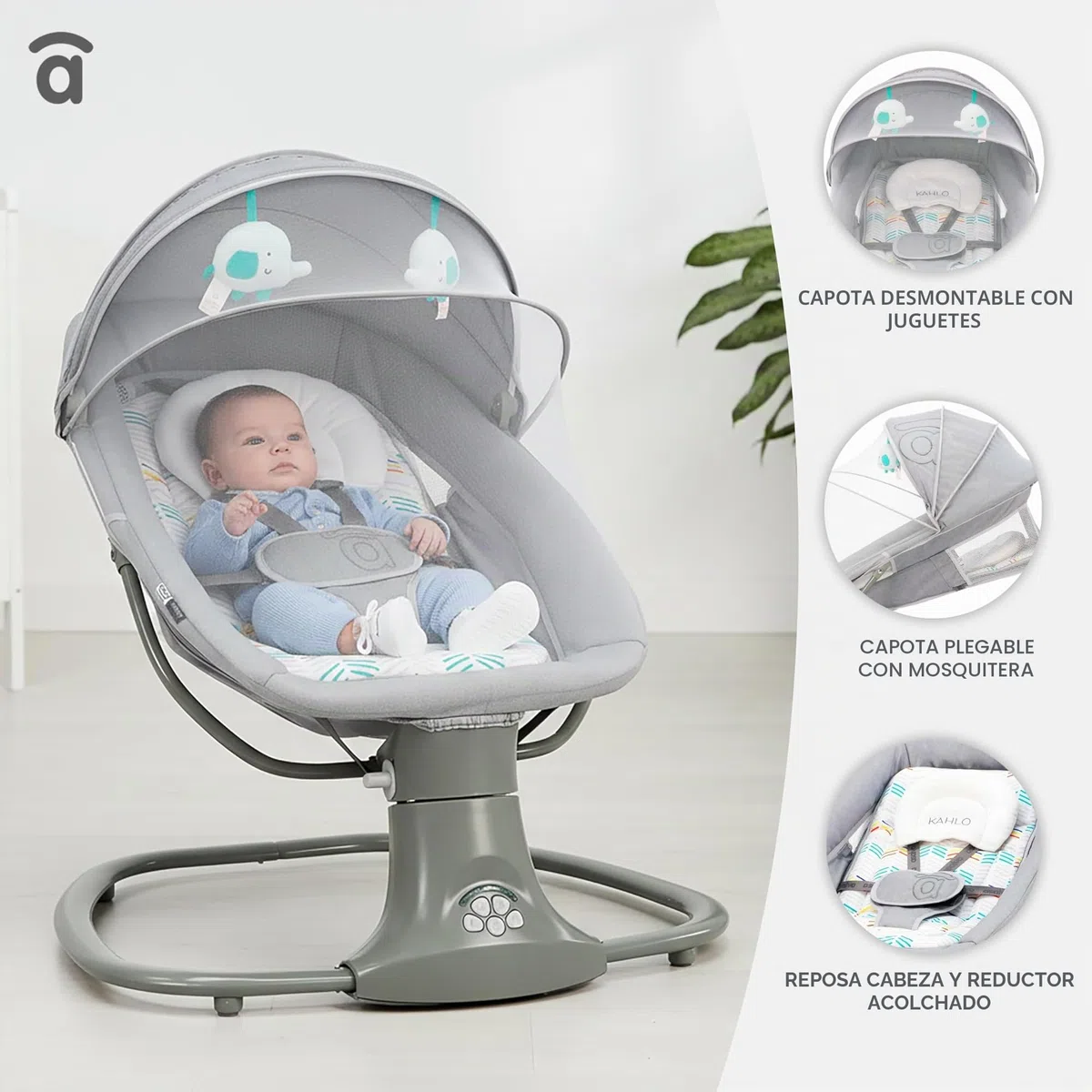 Asalvo Kahlo Hamaca Balancín con Música y Bluetooth, Balanceo Automático 5 Niveles, Capota con Mosquitera, Juguetero con 2 Juguetes, reposa Cabezas, Desde 0 Meses hasta 9 Kg, Textil Lavable, Gris