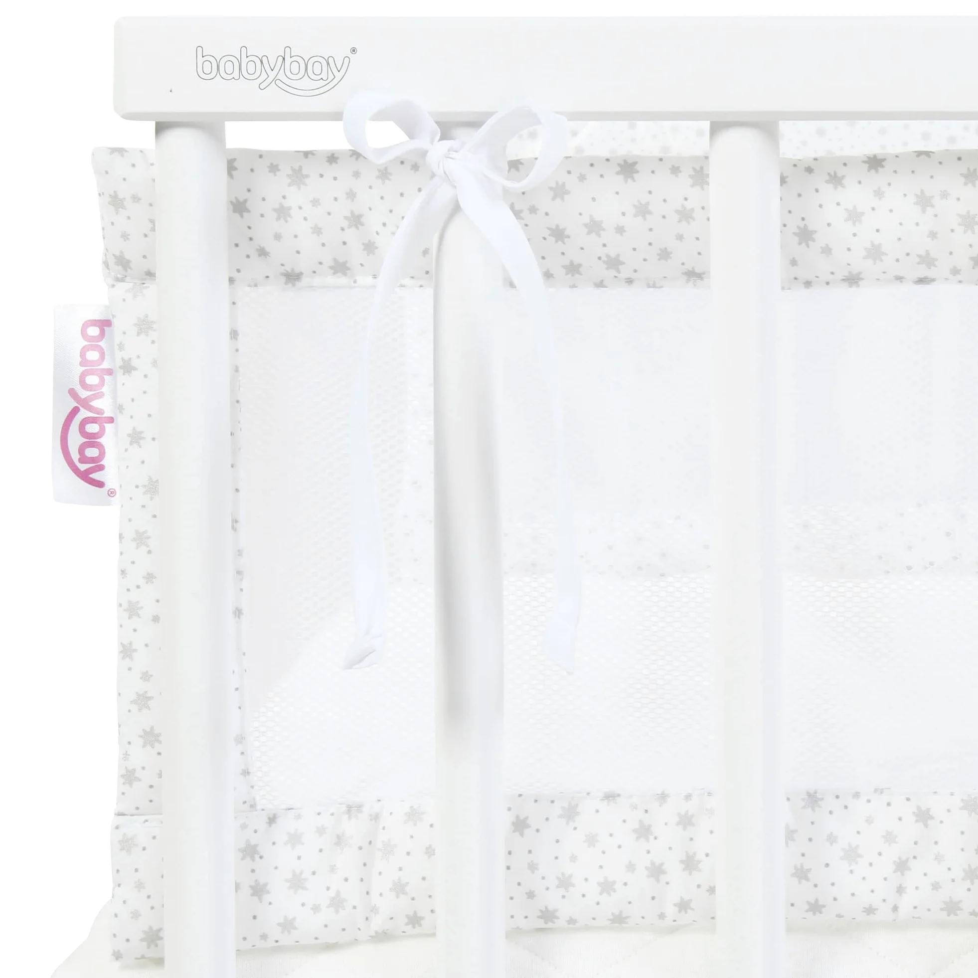 babybay Protector de cuna de malla apto para modelo original, color blanco con estrellas brillantes plateadas