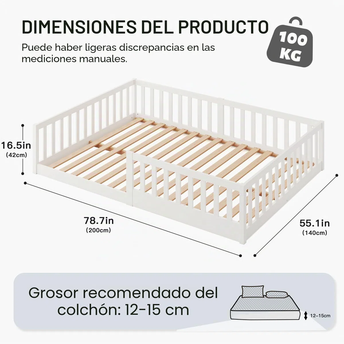 labebe Cama baja para niños 140 x 200, cama Montessori de madera maciza blanca con barandillas de seguridad y somier (colchón no incluido) Adecuada para niños y bebés