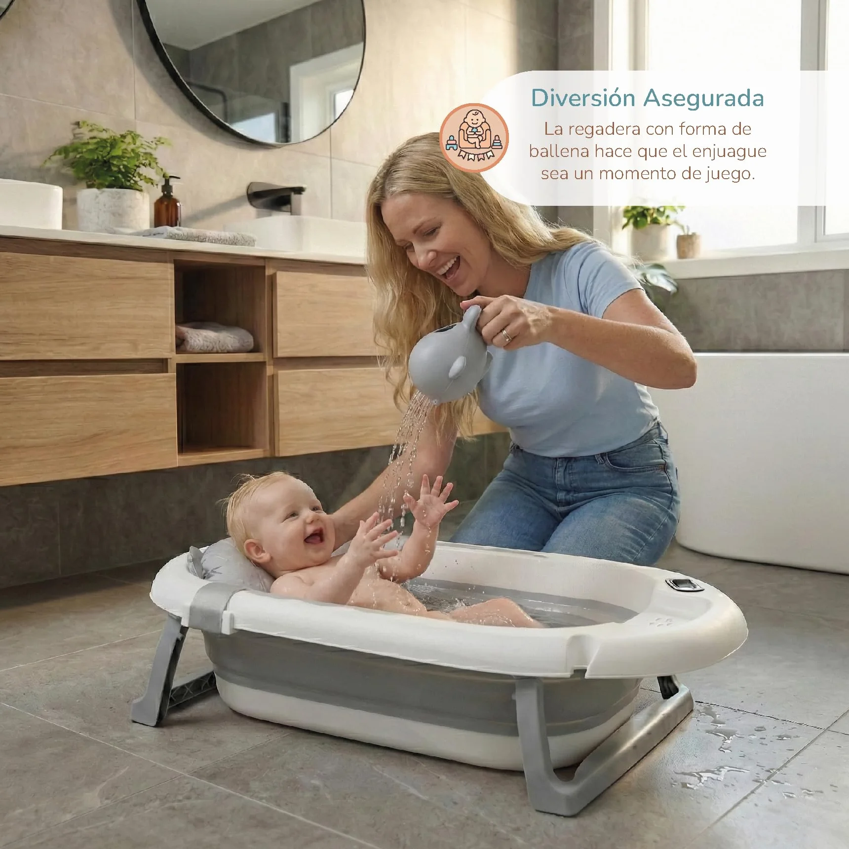 Buddy Baby - Bañera Plegable BebéSplash con Temperatura - Desde 0 meses - Cojín reductor extraíble - Base antideslizante - Tapón desagüe - Diseño compacto y portátil - Regadera ballena