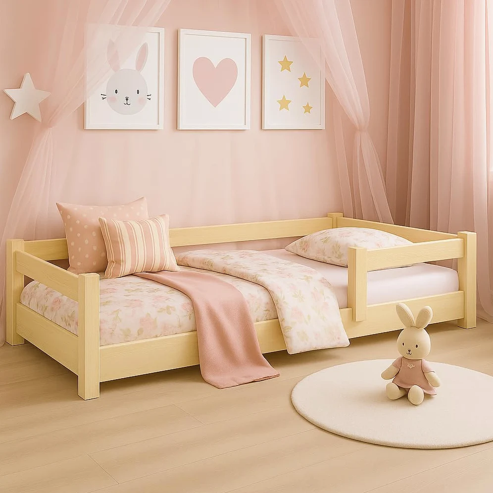 KOBI Cama Infantil 120x60 cm, con barandilla - Nordi Cama de Suelo de Madera de Pino Natural