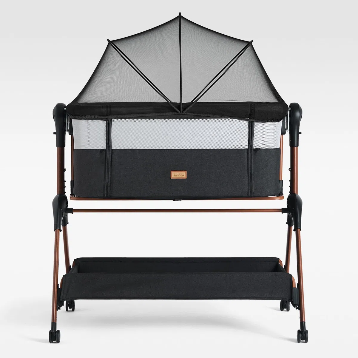 LullaBee Cuna Colecho & Cuna para Bebé – 6 Niveles de Altura, Función de Balanceo, Ruedas, Colchón Acolchado, Laterales de Malla Mosquitera con Bolsa de Transporte (0–6 Meses) – Negro/Marrón