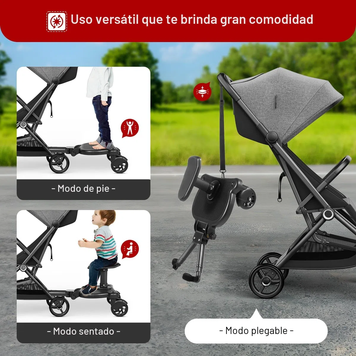 Kiddyboard - Tabla para cochecito de bebé (universal, hasta 25 kg, con asiento para cochecito, tabla de ruedas, tabla de escalones)