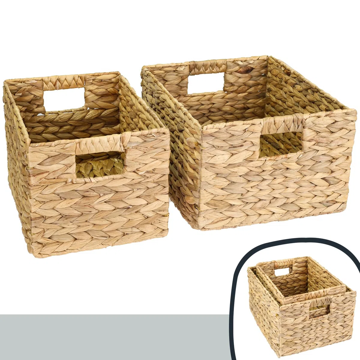 HMF Cesta de almacenaje trenzada organizadora de jacinto de agua, cesta decorativa con asas para baño, cocina, salón y estantería | Juego de 4 | Tamaño M | 32 x 23 x 20 cm | Natural