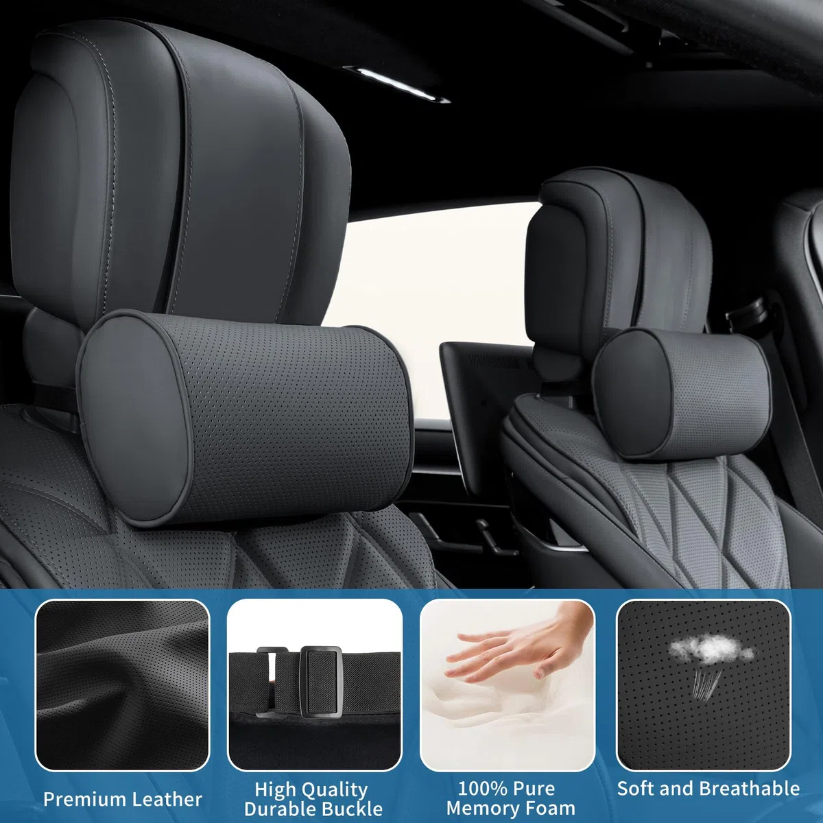 2 Pcs Cojin Reposacabezas Coche, Reposacabezas Coche Pillow Memory Foam Almohada Cervical para Coche, Ajustables para el Reposacabezas del Asiento del Coche