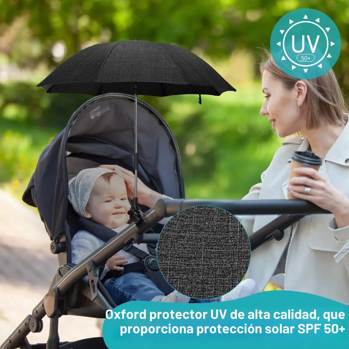 Sombrilla Carro Bebe Universal Anti UV, Diámetro 71 cm, Sombrilla de Cochecito con Abrazadera de Fijación, Parasol de Carro Bebe Protección UV50+, para Cochecito & Silla de Paseo