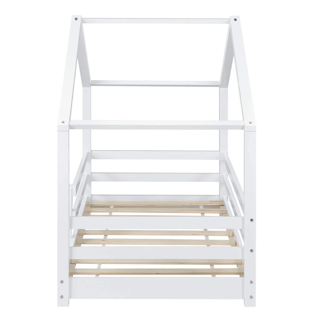 [en.casa] Cama para Niños Knätten Decorativa Cama Infantil con Somier y Reja de Seguridad Estructura en Forma de Casa Estilo Montessori Madera de Pino 70 x 140 cm - Blanco Lacado