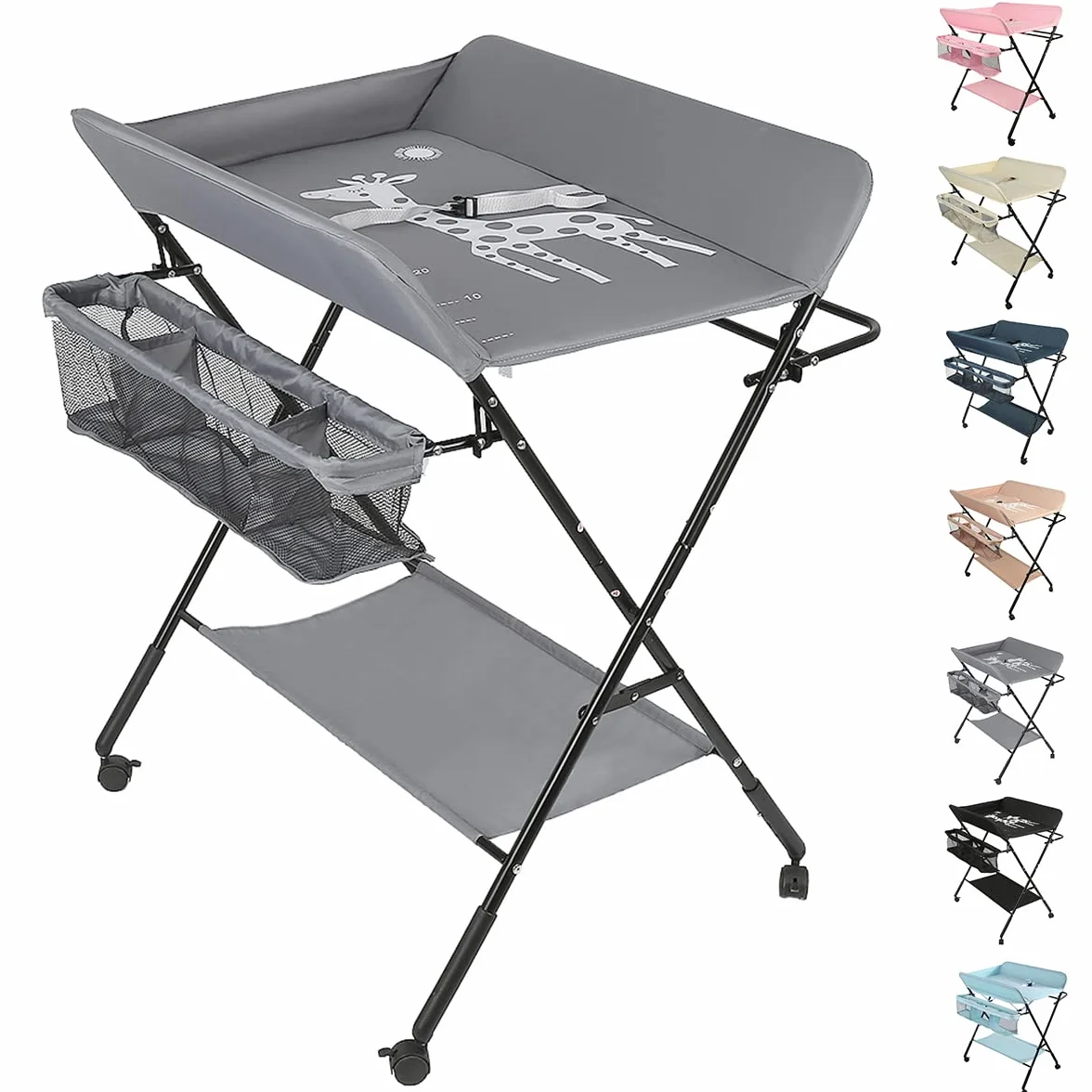 Mueble Cambiador Bebe Plegable y Portátil, Cambiador con 4 Ruedas, Patrón de Jirafa, Ajuste de Altura, 80 * 66 * 92-98cm (A-gris)