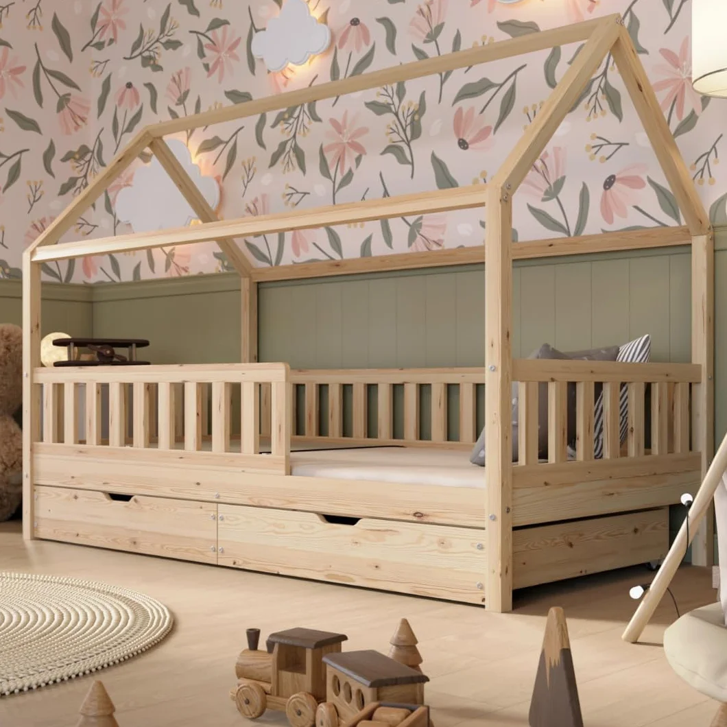 Cama Montessori en Forma de Casa 190x90 cm - Cama Infantil con Protección contra Caídas 40cm y Barrera Abrible - Camas Infantiles niño - Madera Natural con Cajones