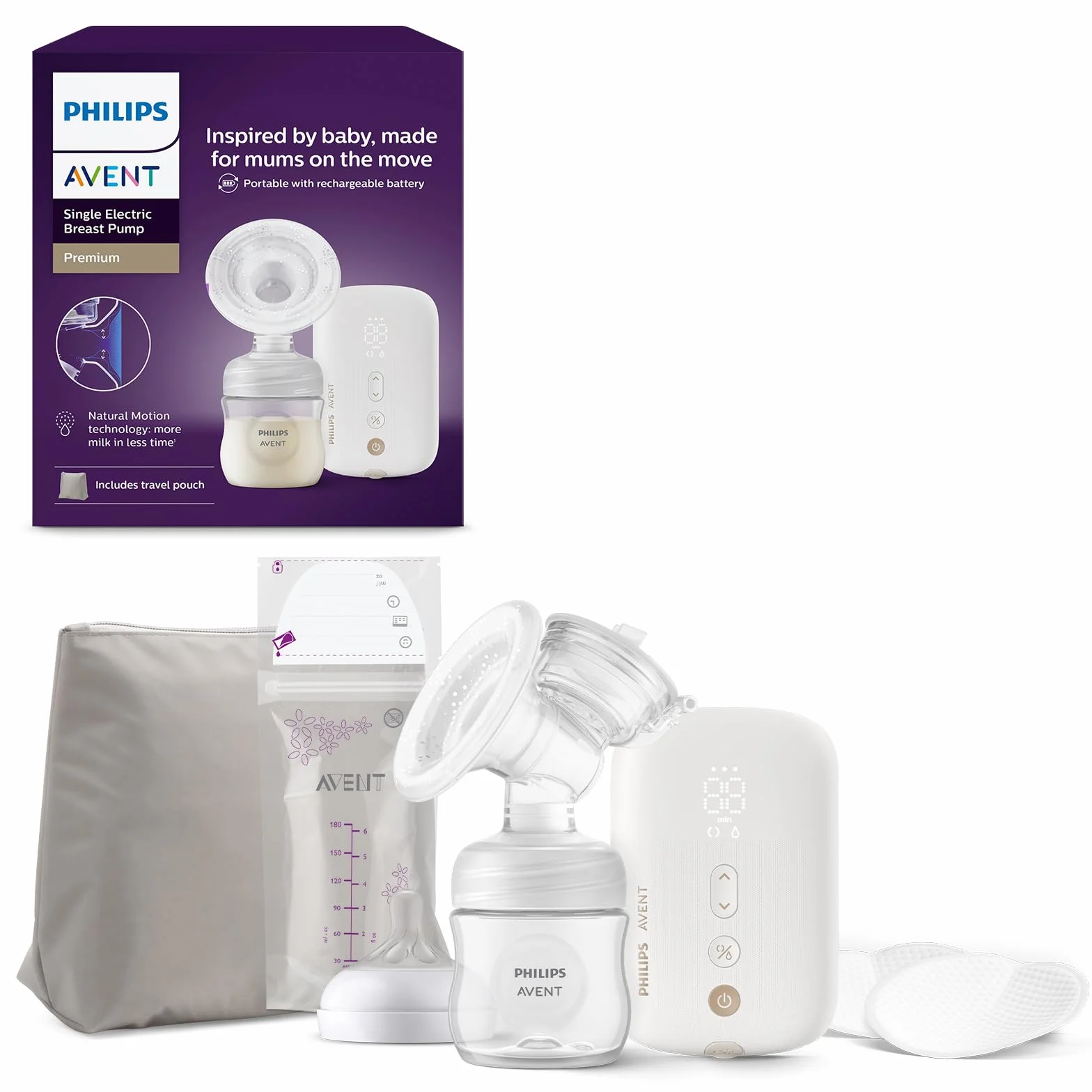 Philips Avent extractor de leche eléctrico sencillo, potencia hospitalaria, motor recargable y silencioso para una experiencia discreta en cualquier lugar, bolsa de viaje, modelo SCF396/31