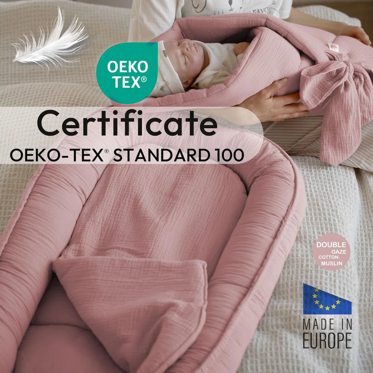 PaLulli Nido para bebé de 100 x 60 cm, muselina suave con colchón, nido de dormir, capullo, cuna de viaje para recién nacidos, 100 % algodón (rosa)