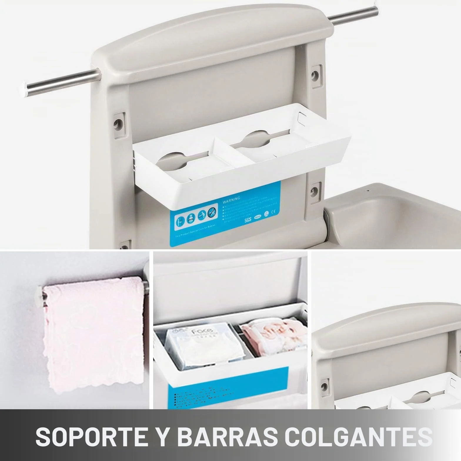 VEVOR Cambiador para Bebé Plegable de Pared 85x57x47 cm HDPE Carga 15 kg Gris