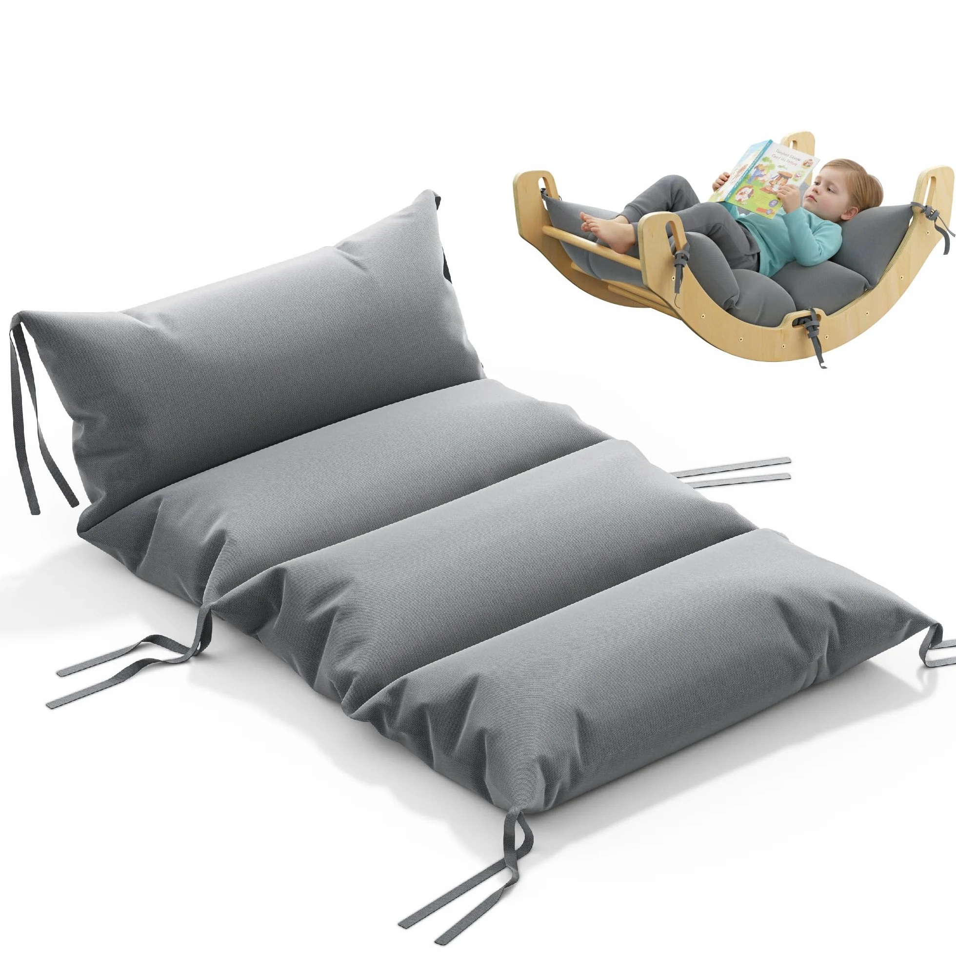 COSYLAND Cojín para Arco de Escalada para Niños 95 x 48 x 13 cm Cojín Balancín Infantil Extra Grueso y Suave Colchoneta Lavable con 6 Cintas para Leer Jugar y Descansar
