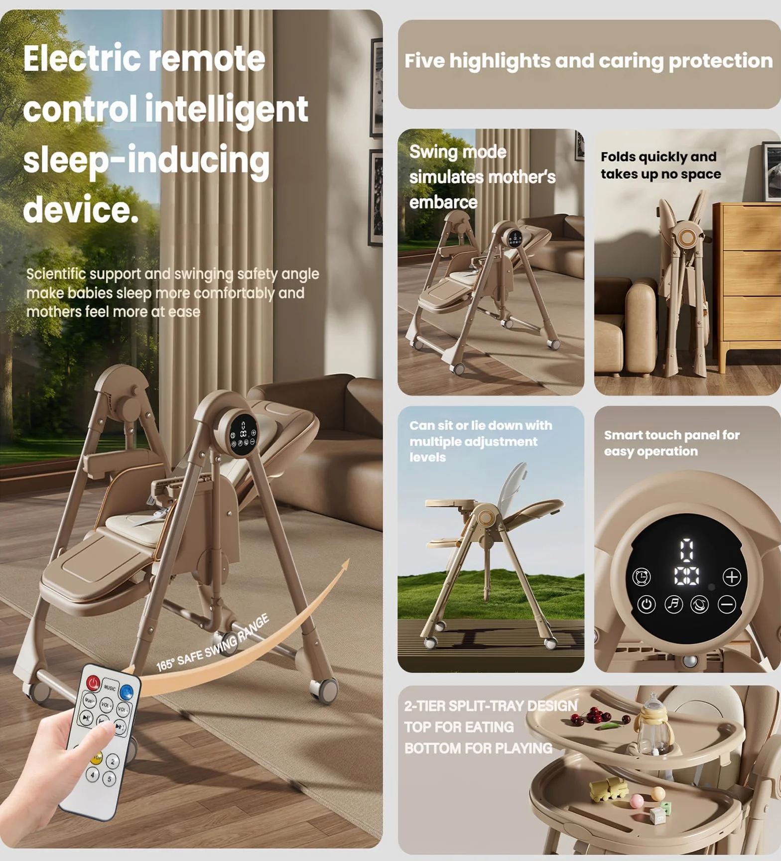 MoLi Eléctrico Bluetooth Inteligente Cuero PU Trona Bebe, Tronas con Función de Balanceo, Regulable Tronas Plegable, Trona Bebe Bandeja Extraíble de Doble Capa (E8121 Khaki)