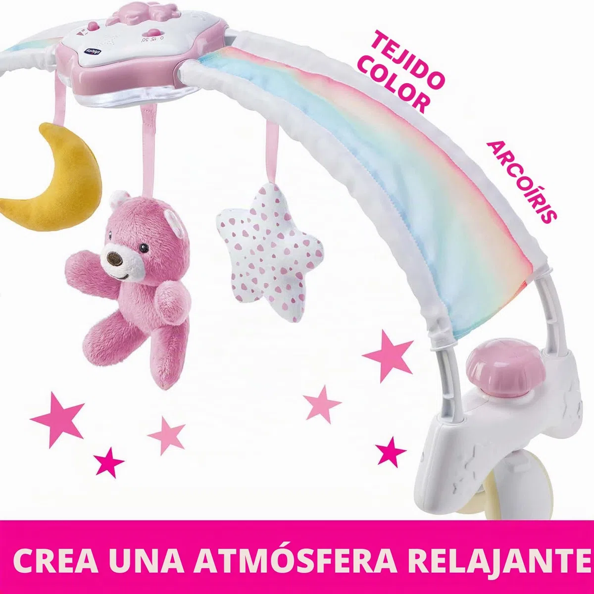 Chicco Rainbow Sky, Arco de Desarrollo 2 en 1 Compatible con la Cuna Next2Me, Panel de Cuna con Arco Iris y Luz Nocturna con Música Relajante y Colgantes, Juguetes Bebés de 0+ Meses, Rosa