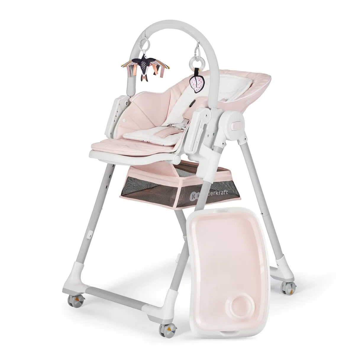 Kinderkraft LASTREE Trona Bebé de madera evolutiva plegable, Hamaca para bebés con Arco 2 juguetes, Asiento reposapiés ajustable, Posición tumbada, Rosa