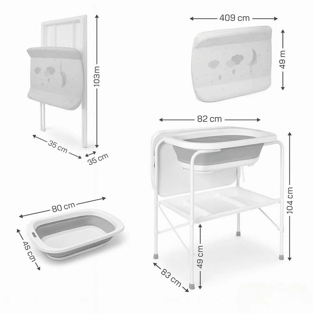 BATHBY Bañera Bebé con Patas Multifuncional 6 en 1: Plegable con Soporte, con Termómetro, Cojín Reductor, Cambiador, Bandeja y Cesta Organizadoras, Desagüe con Tubo y Soporte para Ducha, (Gris Pro)