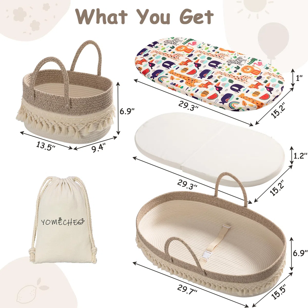 BOHO - Cesta cambiadora para recién nacido, cesta de bebé para cambiador de bebé, cesta cambiadora de pañales para bebé con organizador de pañales, cambiador de dibujos animados, cojín de esponja