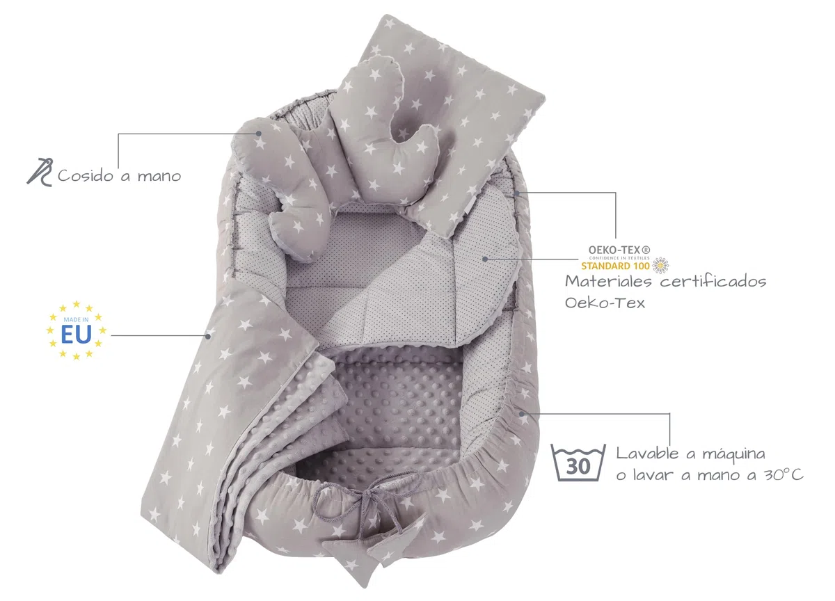 Medi Partners Juego de Cuna de 5 Piezas Incluye Nido para bebé de 100x60x15cm 100% algodón cojín Plano Manta para Gatear cojín de Mariposa (Estrellas con Gris)