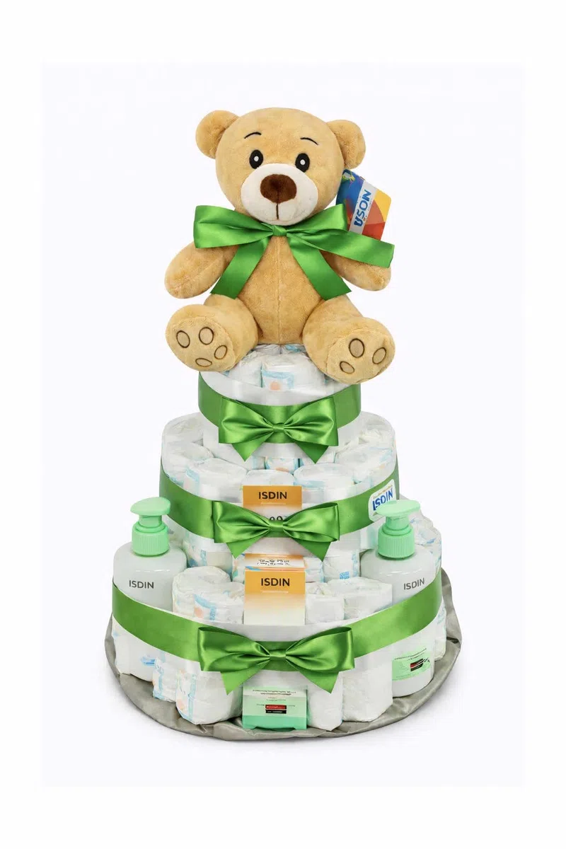 Tarta de pañales Nutraisdin verde (Talla 2 (3-6 kg)) by MomentosGourmet Añade tu dedicatoria personalizada. Regalo para bebé muy práctico. Cesta Canastilla recién nacido. Diaper Cake