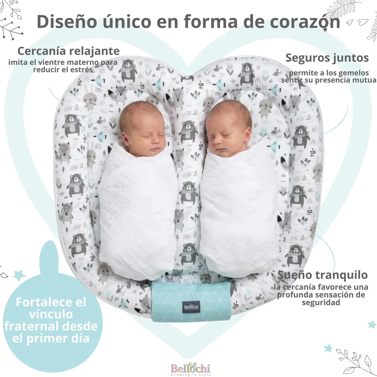 Bellochi Cocoon para Gemelos | Nido para Bebés 100x100 cm | Nido para Cuna | Nido para bebé | Multifuncional animaland