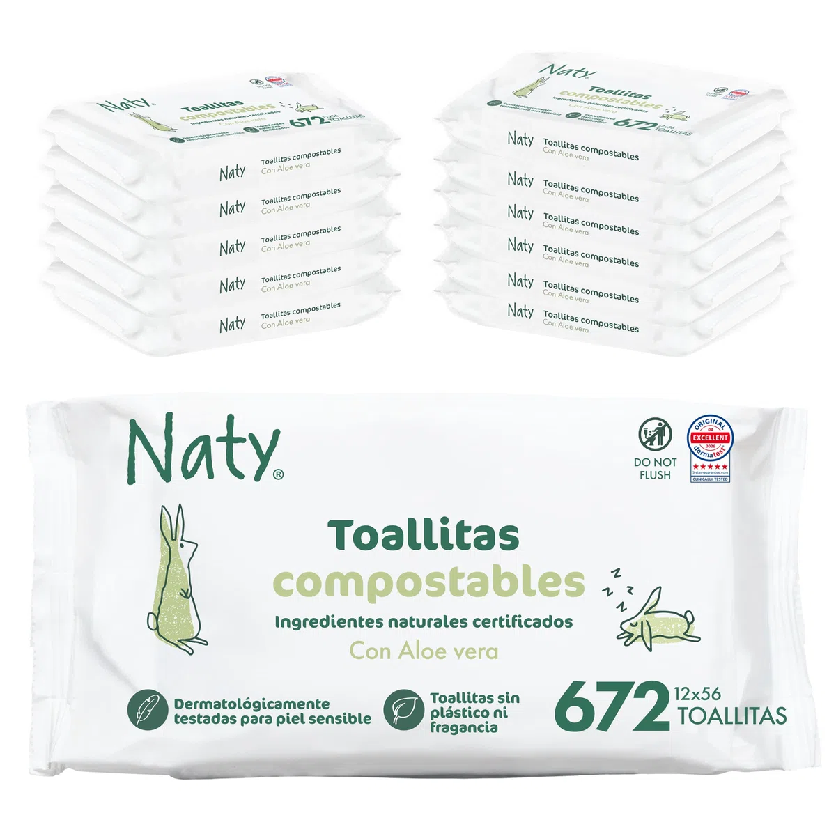 Naty Toallitas para Recién Nacidos y Bebés con Aloe | 98% Agua, Hipoalergénicas y Naturales para Piel Sensible | Sin Perfume, de Origen Vegetal | Dermatológicamente testadas | 672 uds (12 paquetes)