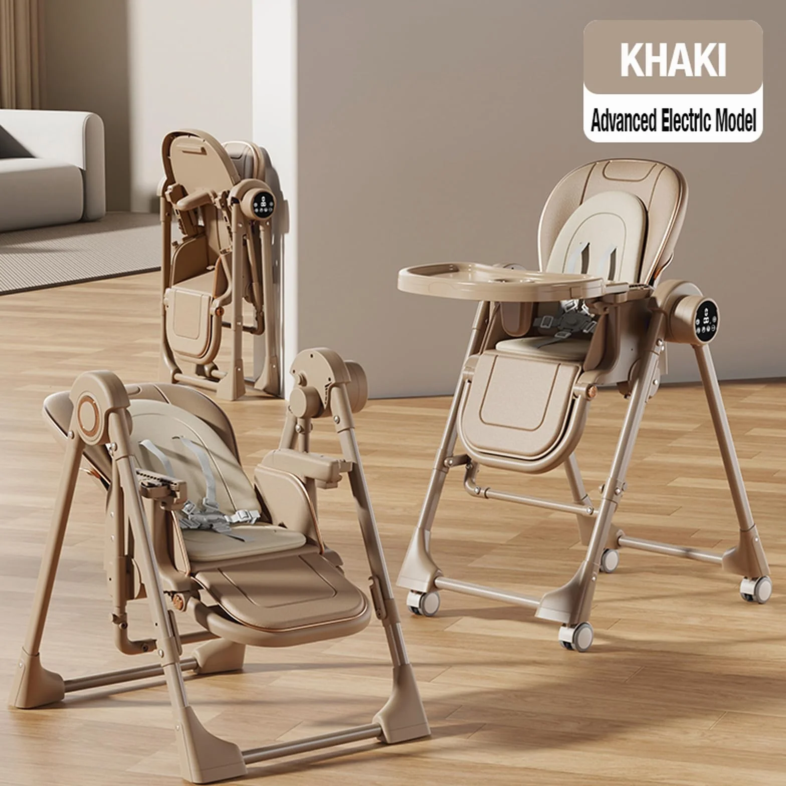 MoLi Eléctrico Bluetooth Inteligente Cuero PU Trona Bebe, Tronas con Función de Balanceo, Regulable Tronas Plegable, Trona Bebe Bandeja Extraíble de Doble Capa (E8121 Khaki)