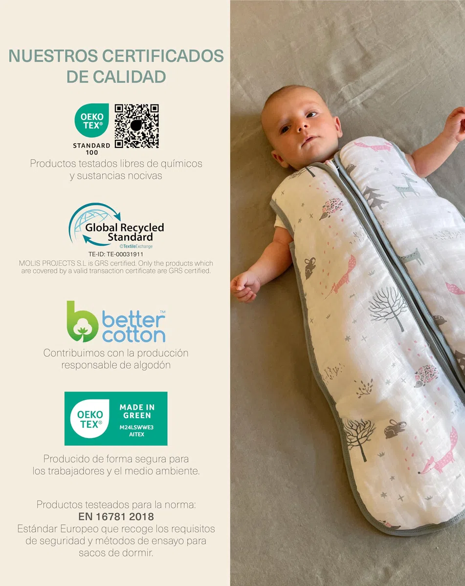 molis&co - Saco de Dormir para bebé 2.5 TOG - 60 cm (0 Meses) - Ideal para Invierno - Muselina Premium - Acolchado, Suave y Cálido - Forest