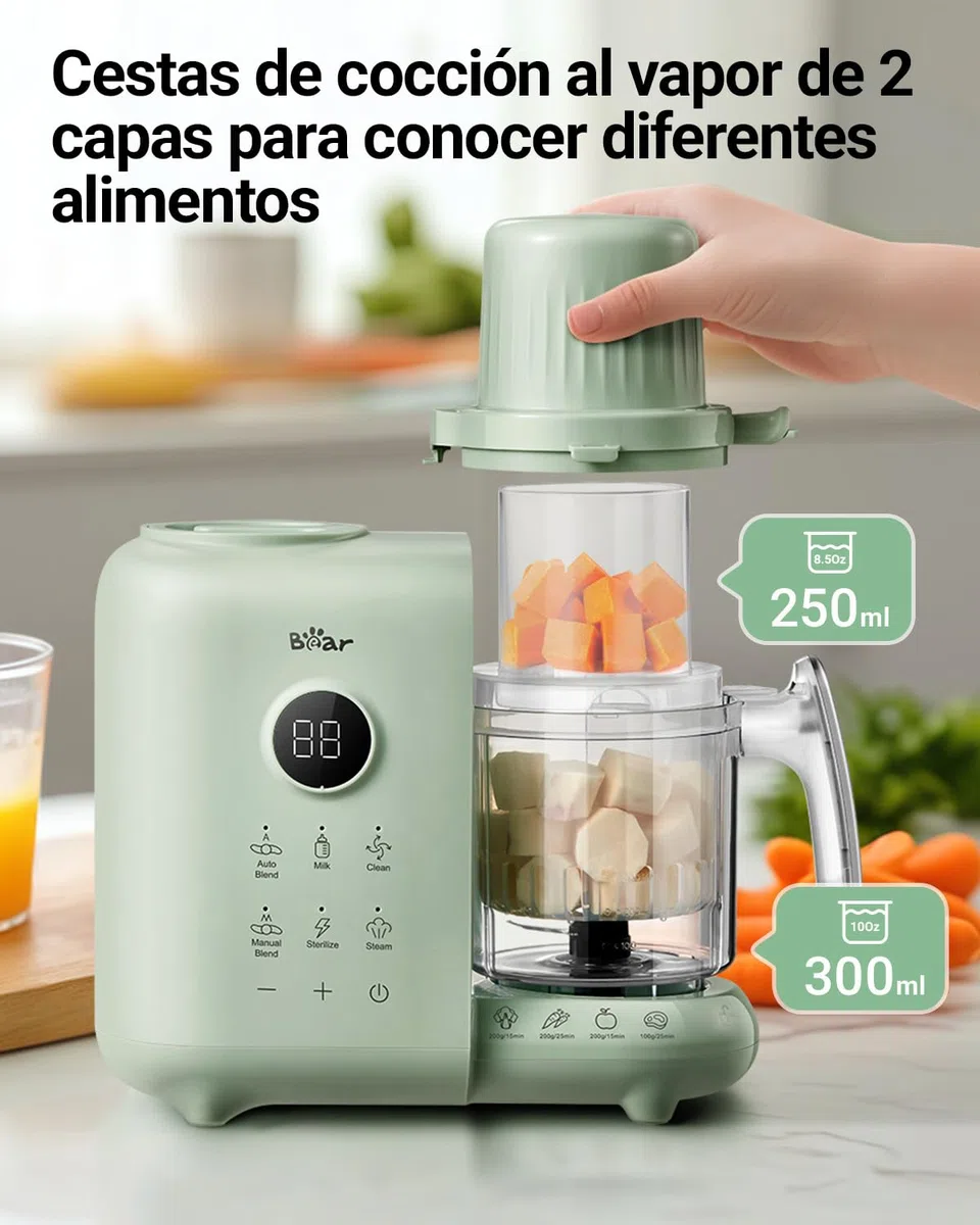 Bear Vaporera 6 en 1 con batidora premium para alimentos para bebés, vapor, agitación automática, calentamiento de leche, desinfección, función de autolimpieza, función de limpieza automática (Verde)