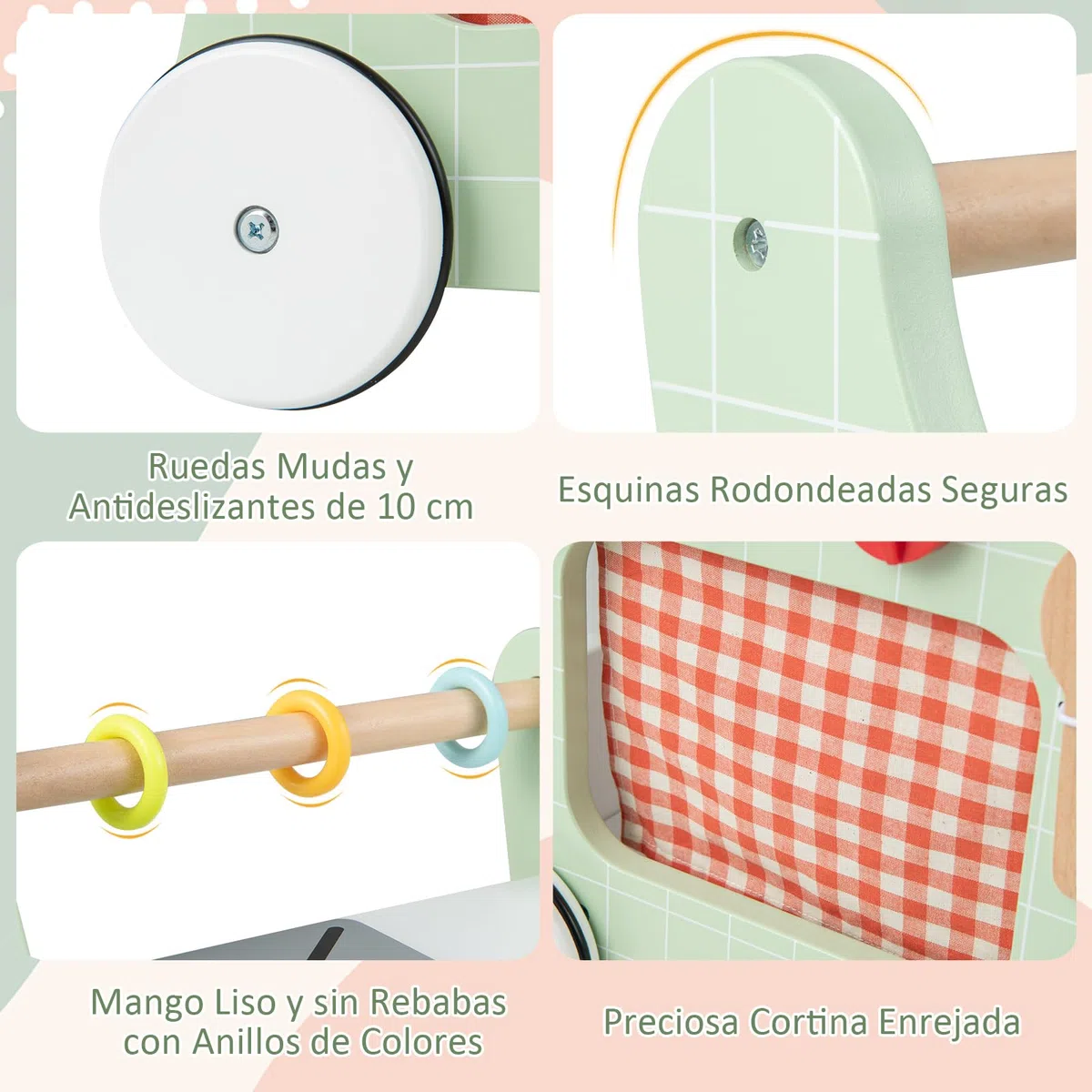 COSTWAY Andador Bebes de Madera 6 en 1, Carrito de Madera para Bebés, Centro de Actividades de Aprendizaje para Empujar y Jalar para Bebés con Cocina, Reloj, para Bebés de 12+ Meses (Verde)