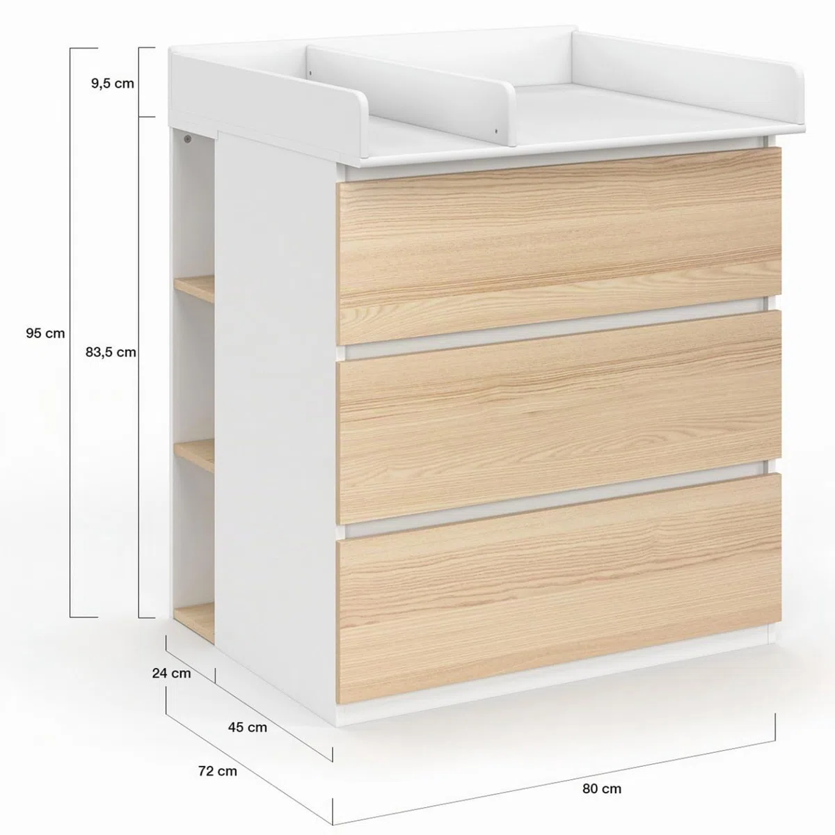 IDMarket - Cómoda Cambiador Evolutiva Ámbar estilo haya y Blanco de 3 cajones con Mesa Cambiador y 2 estantes extraíbles