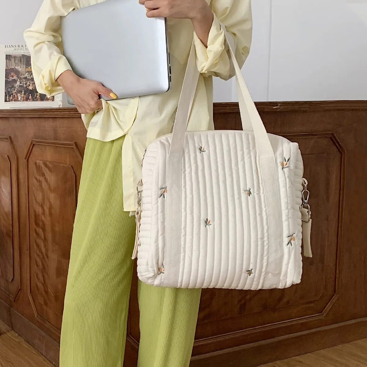 SONARIN Bordada Bolsa de Pañales para Bebés,Elegante Gran Capacidad Algodón Bolsa Materna Bolso Cambiador Ligera Bolsa de Viaje para Pañales Portátil con 2 Ganchos Carrito Bebé(Oliva)