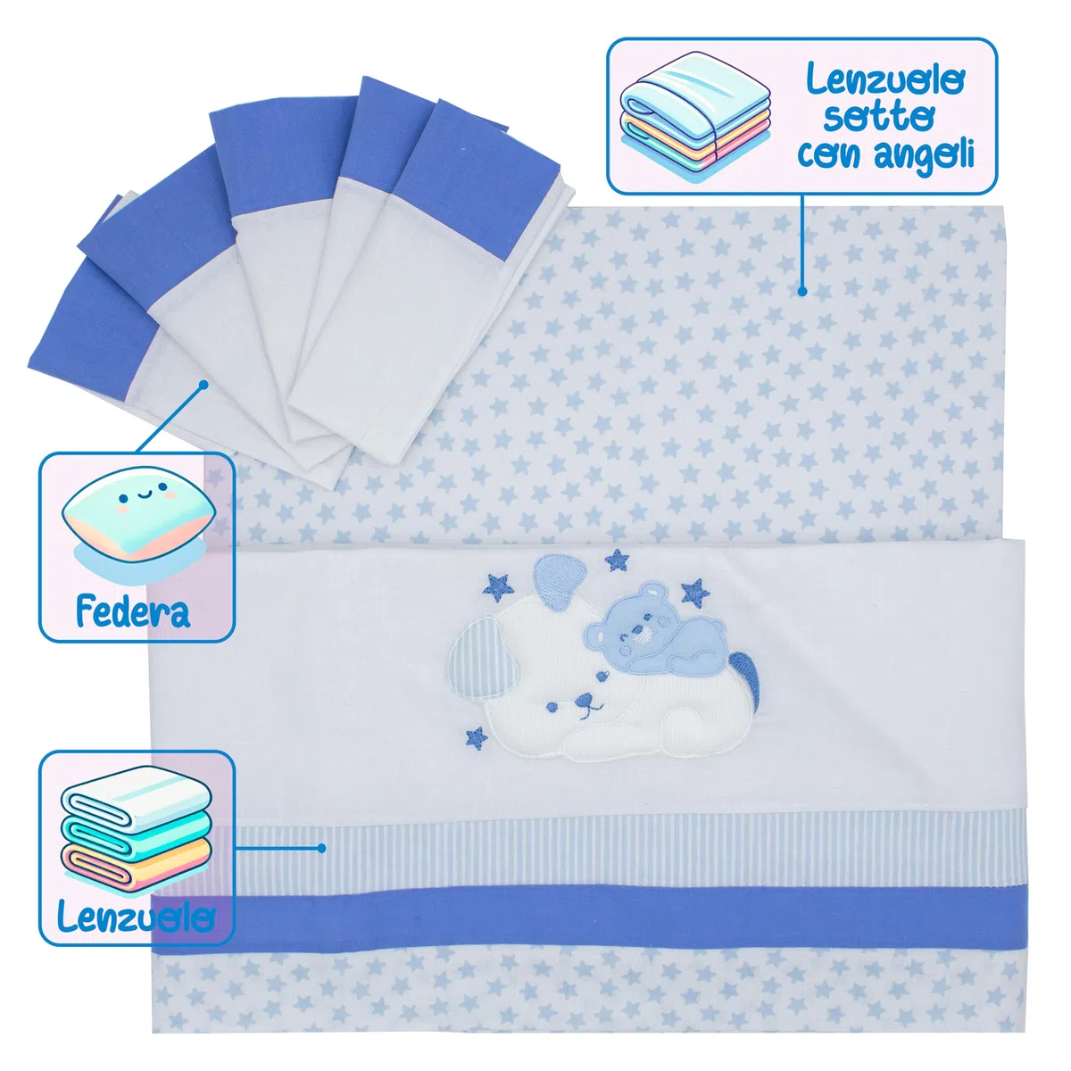 PASTELLO - Juego de cama de 3 piezas, 100% algodón para bebé, juego de sábanas con bordado (Art. LL7F, Cielo)