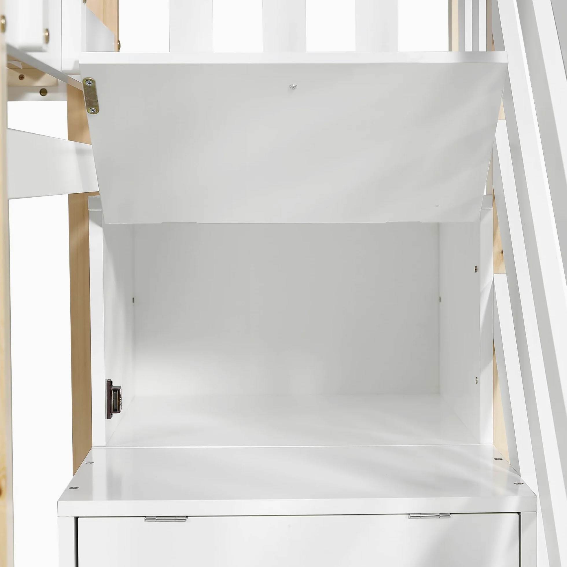 Moimhear litera con casa del árbol extensible, cama corrediza, escalera con 4 cajones, cama infantil con protección contra caídas y reja de cama infantil, con somier, Natural+Blanco (90x200cm