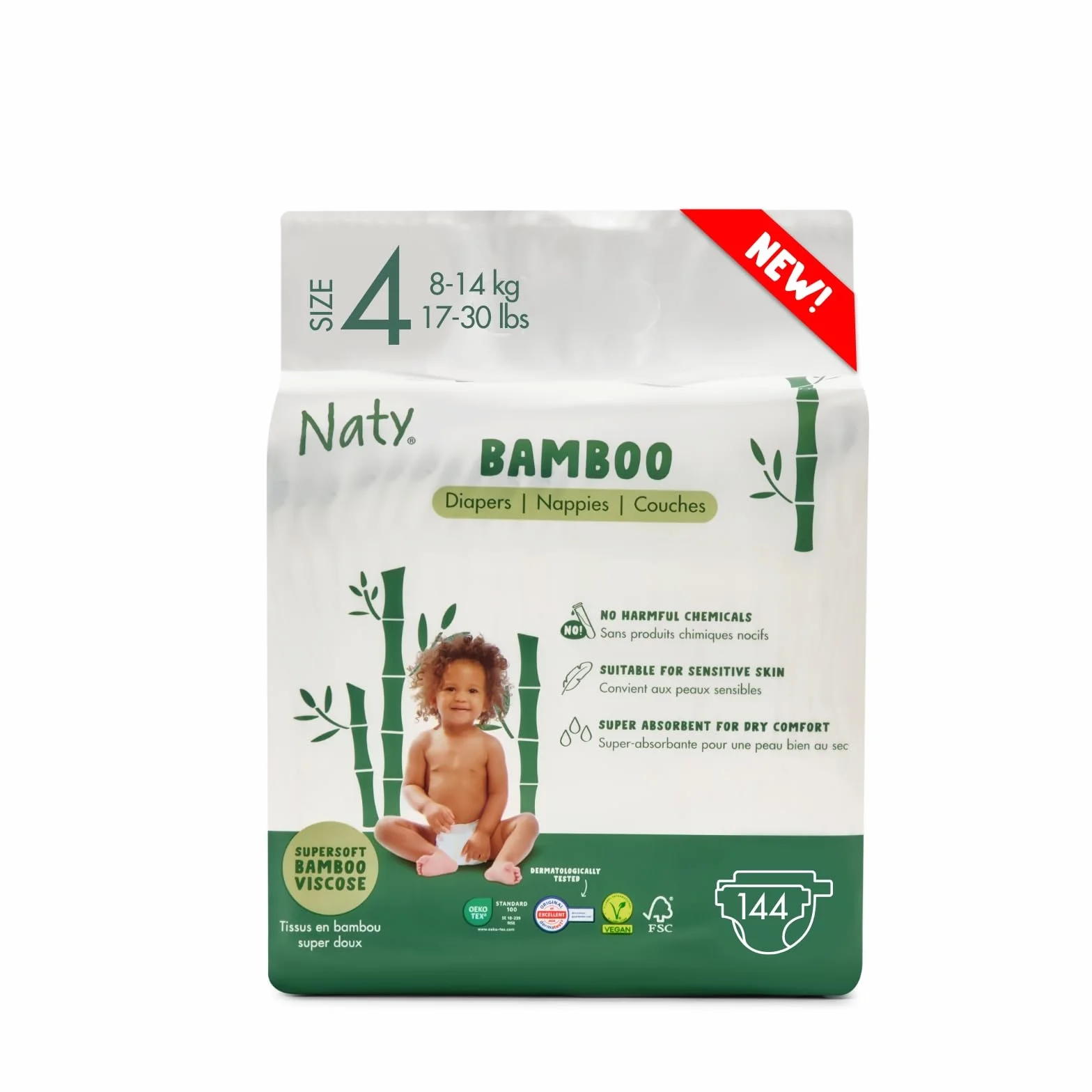 Naty Bamboo - Pañales de viscosa de bambú – suavidad sedosa, pañales de origen vegetal, dermatológicamente testados para piel sensible y súper absorbentes (talla 4, 144 unidades)