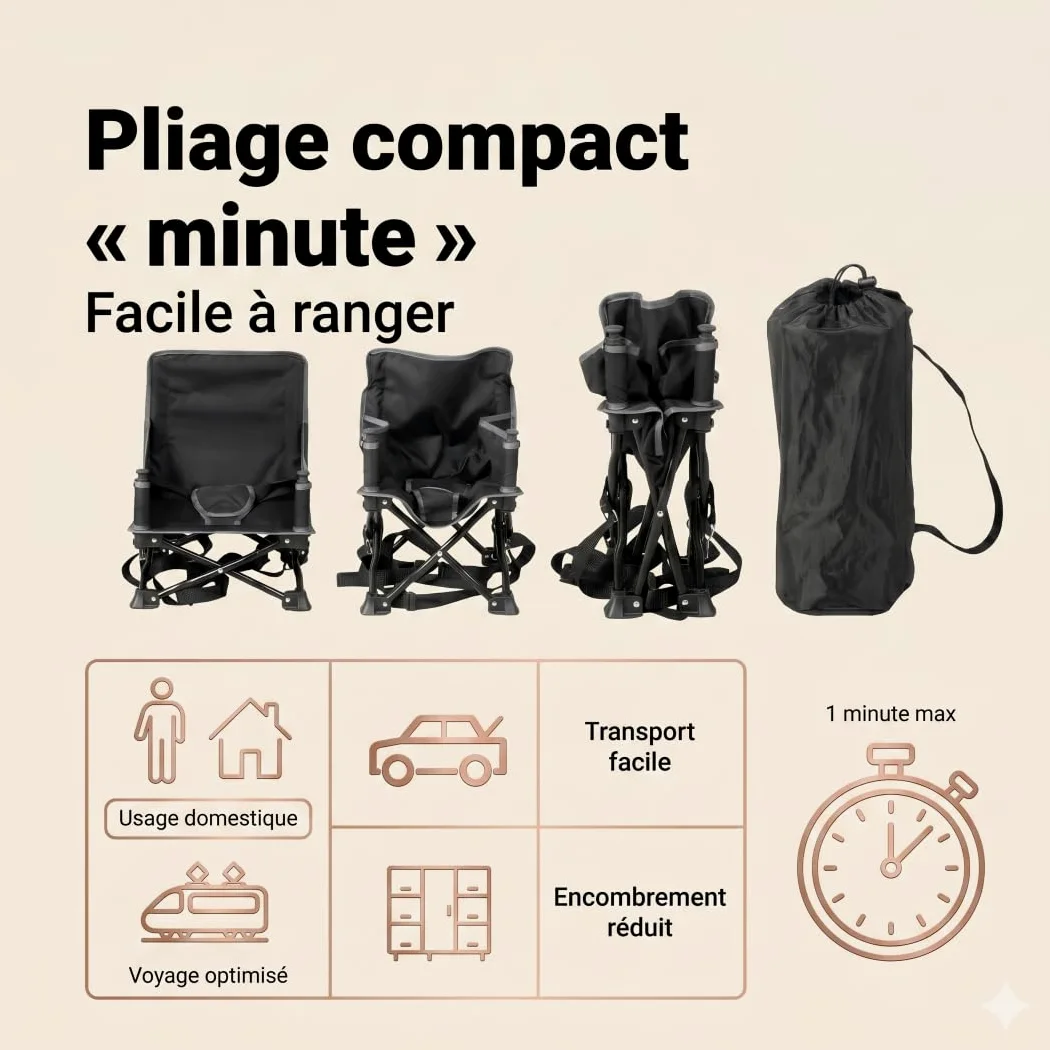 Bambisol "Chaizounette" Asiento Elevador Portátil | Escalable a partir de 6 meses, Bolsa de Transporte, Silla Camping Infantil | Negro