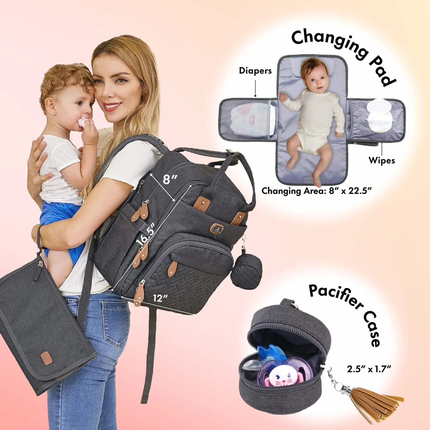 Dikaslon Mochila Cambiador, Mochila Pañalera Grande Bolsas Multifuncionales para Bebés con Cambiador Portátil, Portachupete y Correas para el Cochecito, para Mamá y Papá