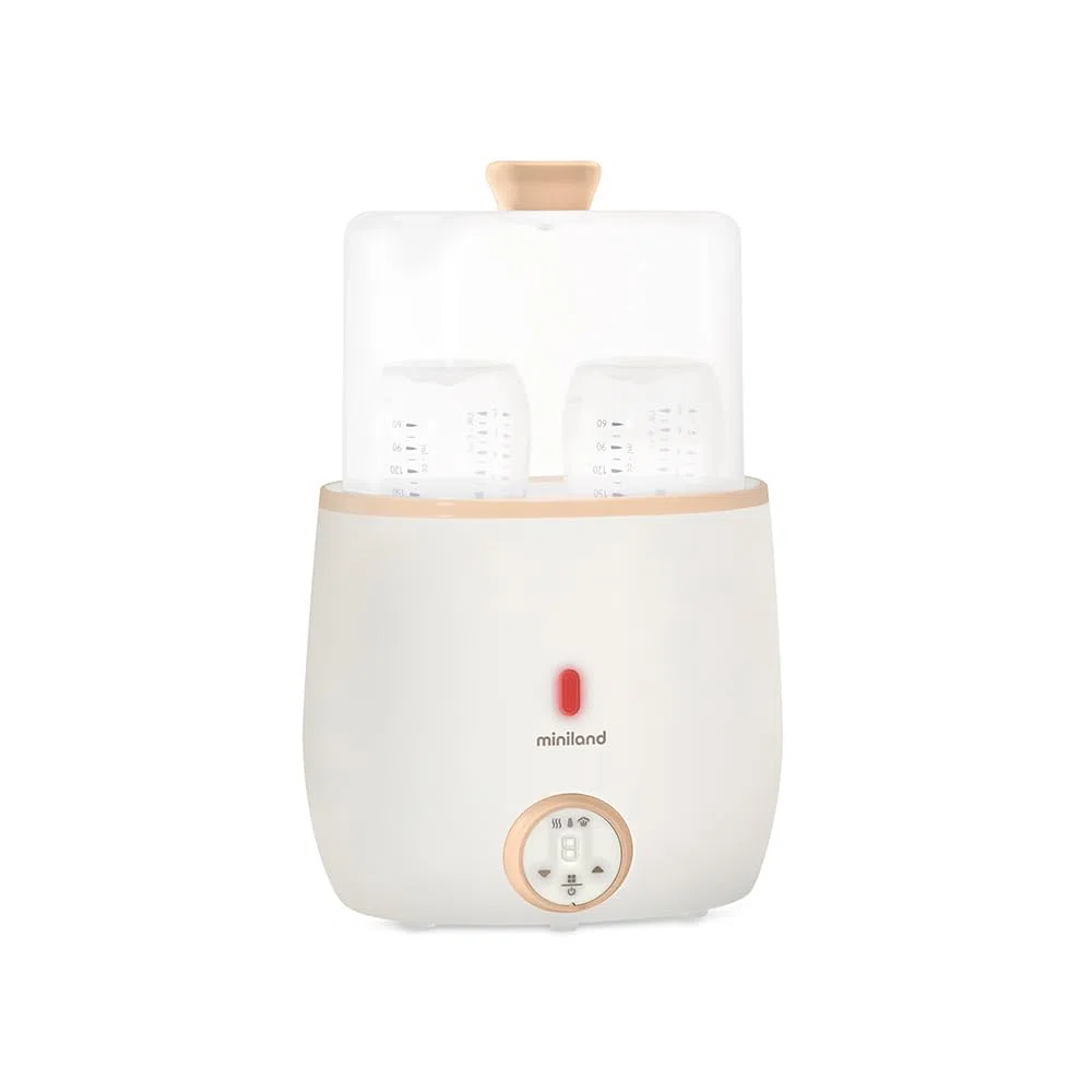 Miniland - Warmy Twin Calienta Biberones y Esterilizador, Calentador Rápido de Alimentos para Bebés 2-en-1, Calentador con Pantalla Digital Control Preciso Temperatura para Leche Materna (Beige)