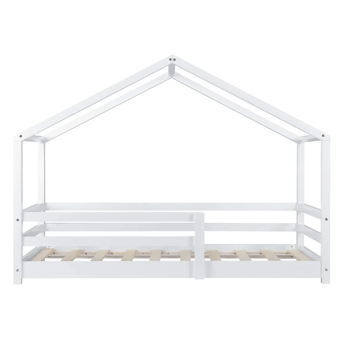 [en.casa] Cama para Niños Knätten Decorativa Cama Infantil con Somier y Reja de Seguridad Estructura en Forma de Casa Estilo Montessori Madera de Pino 70 x 140 cm - Blanco Lacado