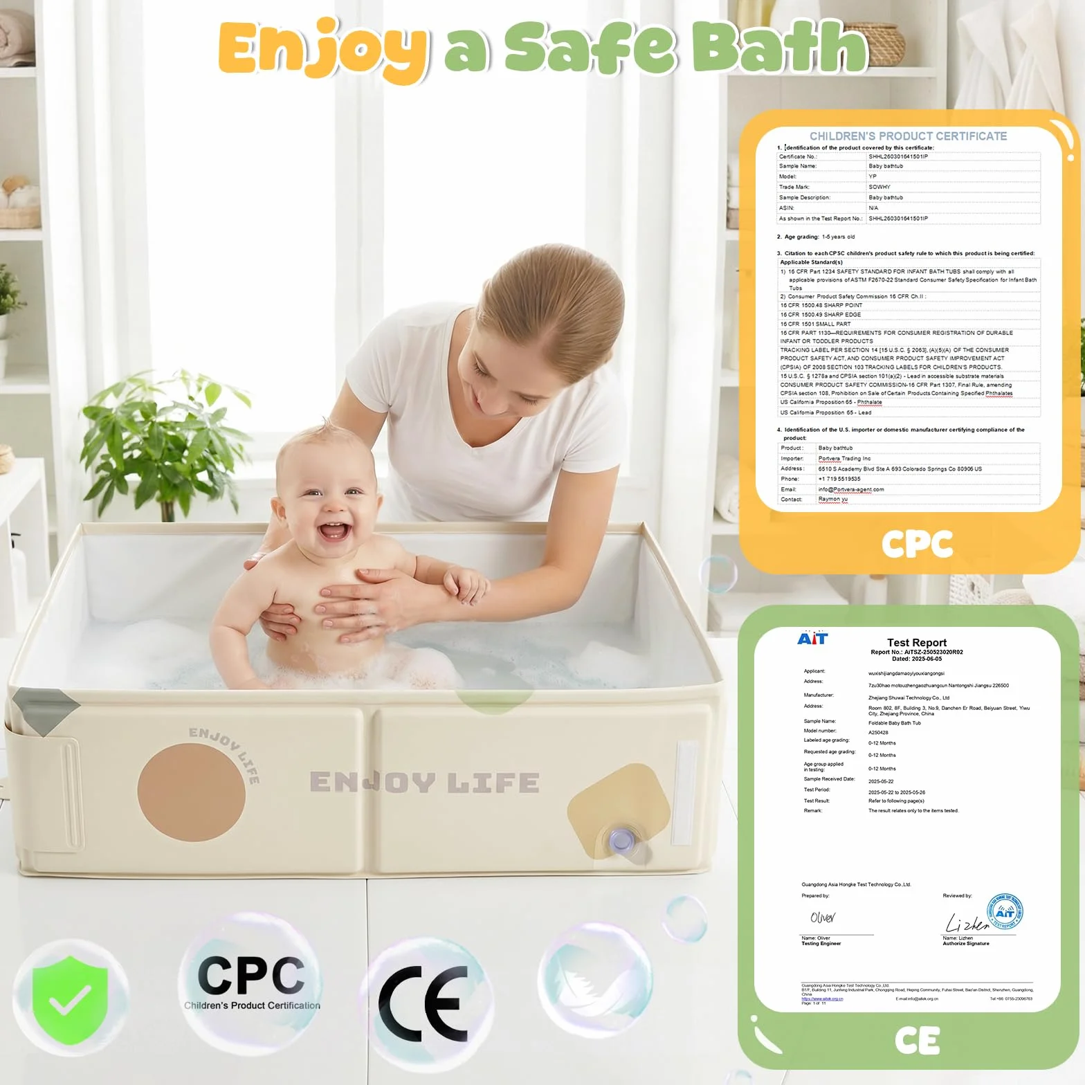 Orzbow Bañera Bebe Plegable, Portátil Bañera Bebe Plegable con Pegatina de Temperatura, Banheira Bebe de 6 Meses a 6 Años, Fácil de Limpiar, Estable y Duradera, Pliega Almacenar, Blanco