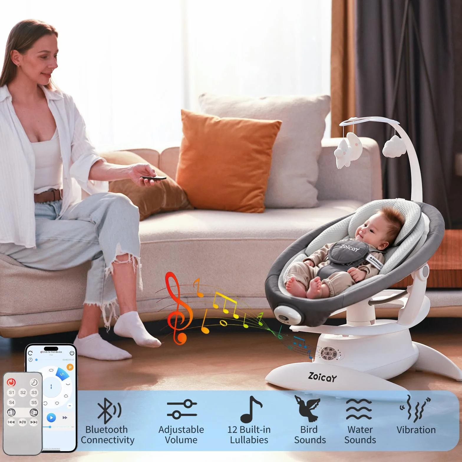 Mecedora Eléctrica para Bebé 3-en-1 Zoicay, 9 Modos, Giro 360°, Temporizador y Música, Control Remoto y Bluetooth, Gris