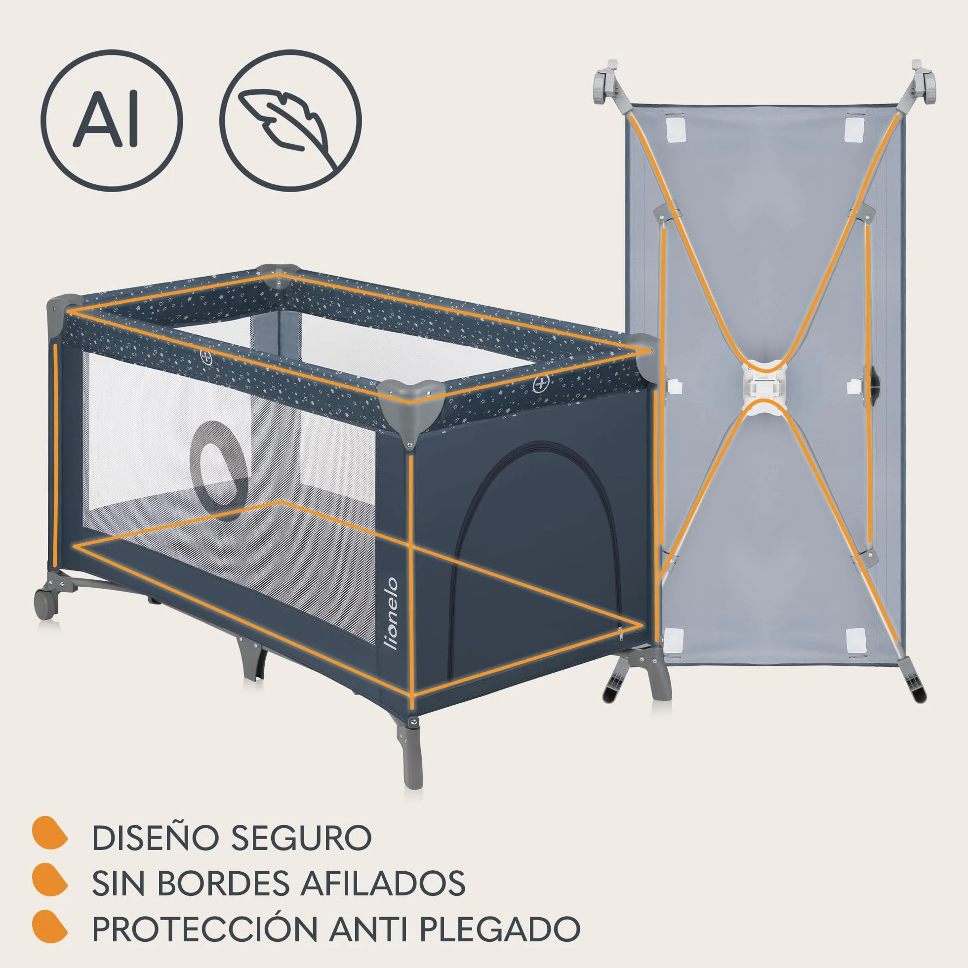 Lionelo Stefi Cuna de Viaje para Bebé Apertura Lateral 120x60 cm LockGuard Malla Transpirable