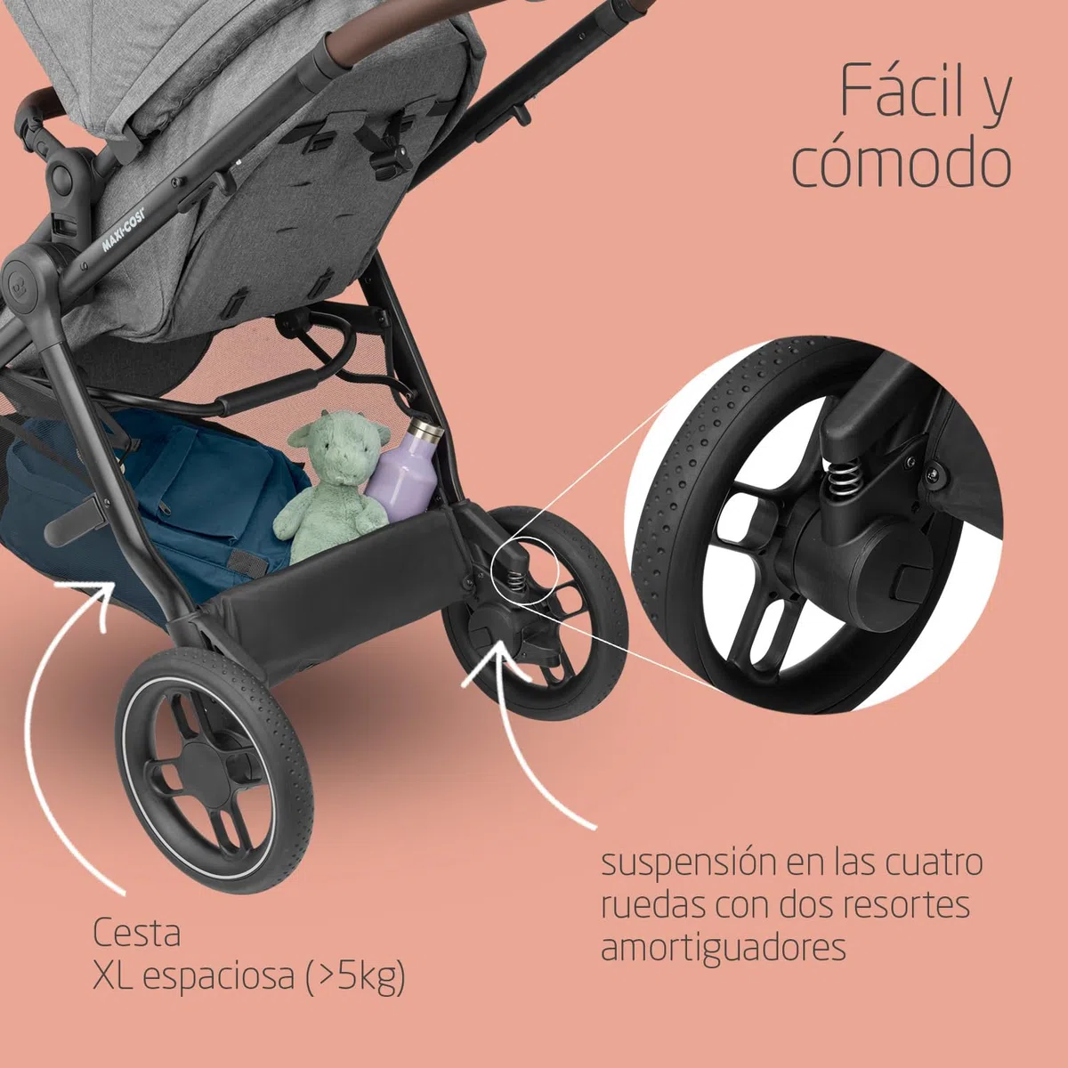 Maxi-Cosi Zelia S Trio Cochecito Bebe 3 Piezas, 0 - 4 Años, hasta 22 kg, Plegable, Compacto y Reclinable Silla de Paseo, con CabrioFix S i-Size Silla Coche Bebe, Accesorios, Bolso Cambiador, Gris
