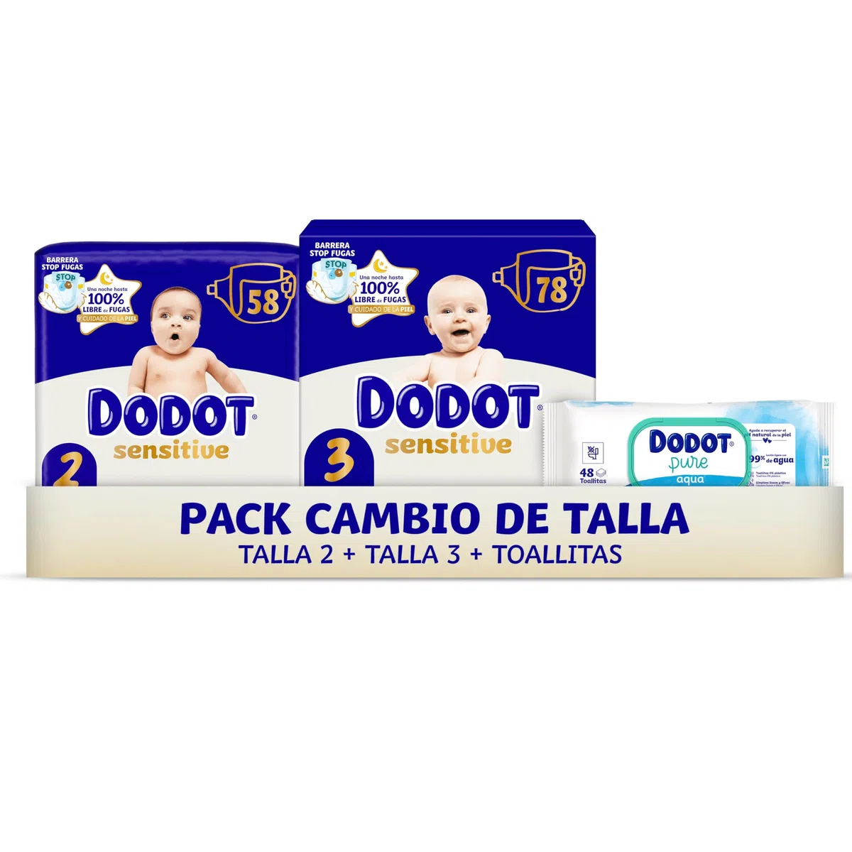 Dodot Sensitive Kit Recién Nacido Pañales + toallitas, 58 Pañales de la Talla 2 + 78 Pañales de la Talla 3 + 48 Toallitas Pure Aqua para Bebe, 99% Agua