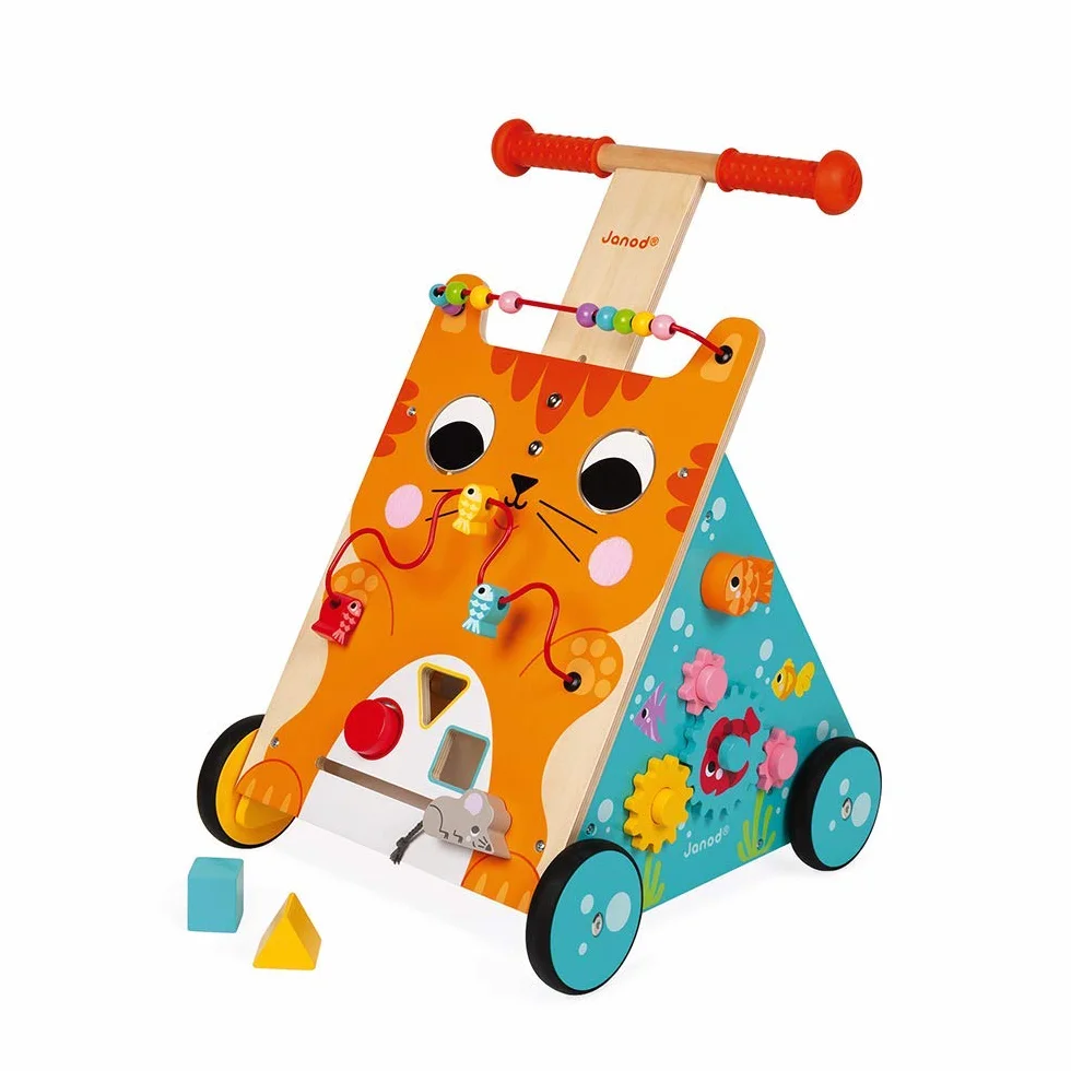 Janod - Carrito Multiactividades Gato de Madera - Andador Evolutivo con Freno y Mango Ajustable - Aprendizaje de Caminar - Desde 1 año, J08005, Multicolor
