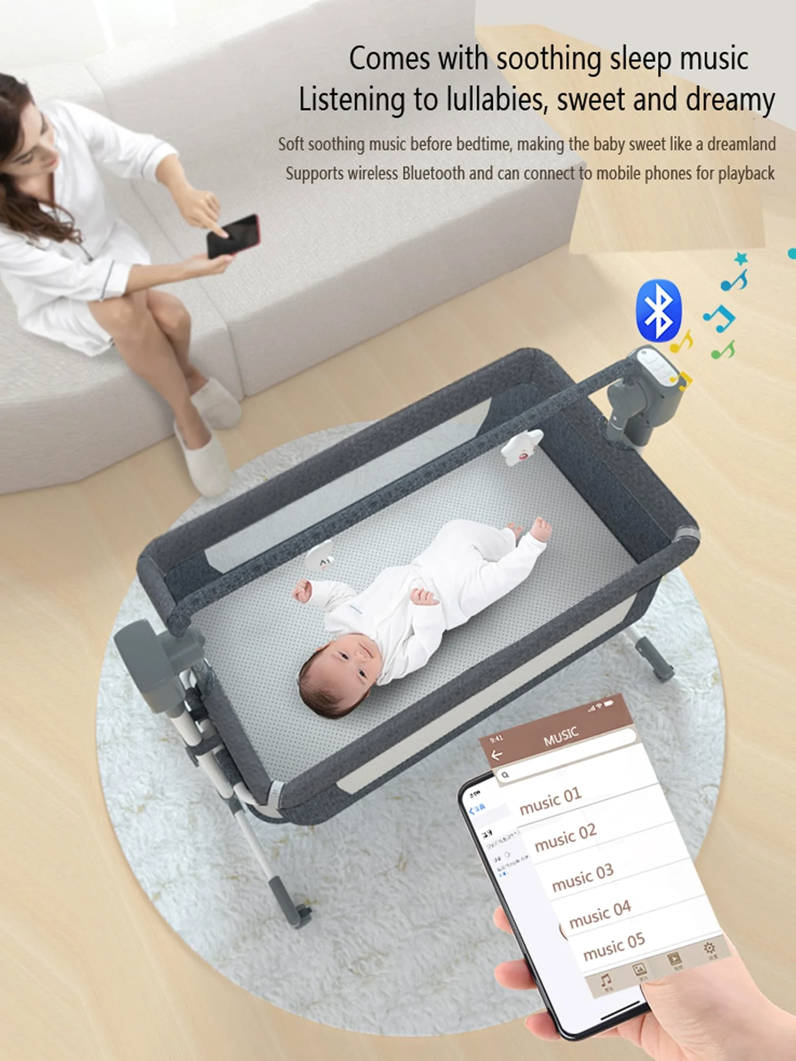 Eléctrico Bluetooth Inteligente Cuna Colecho Bebe, Minicuna Colecho Bebe Plegable Convertible, Cuna Next to me con Colchon, Música, 5 Engranajes de Balanceo y Control Remoto (601 Beige)