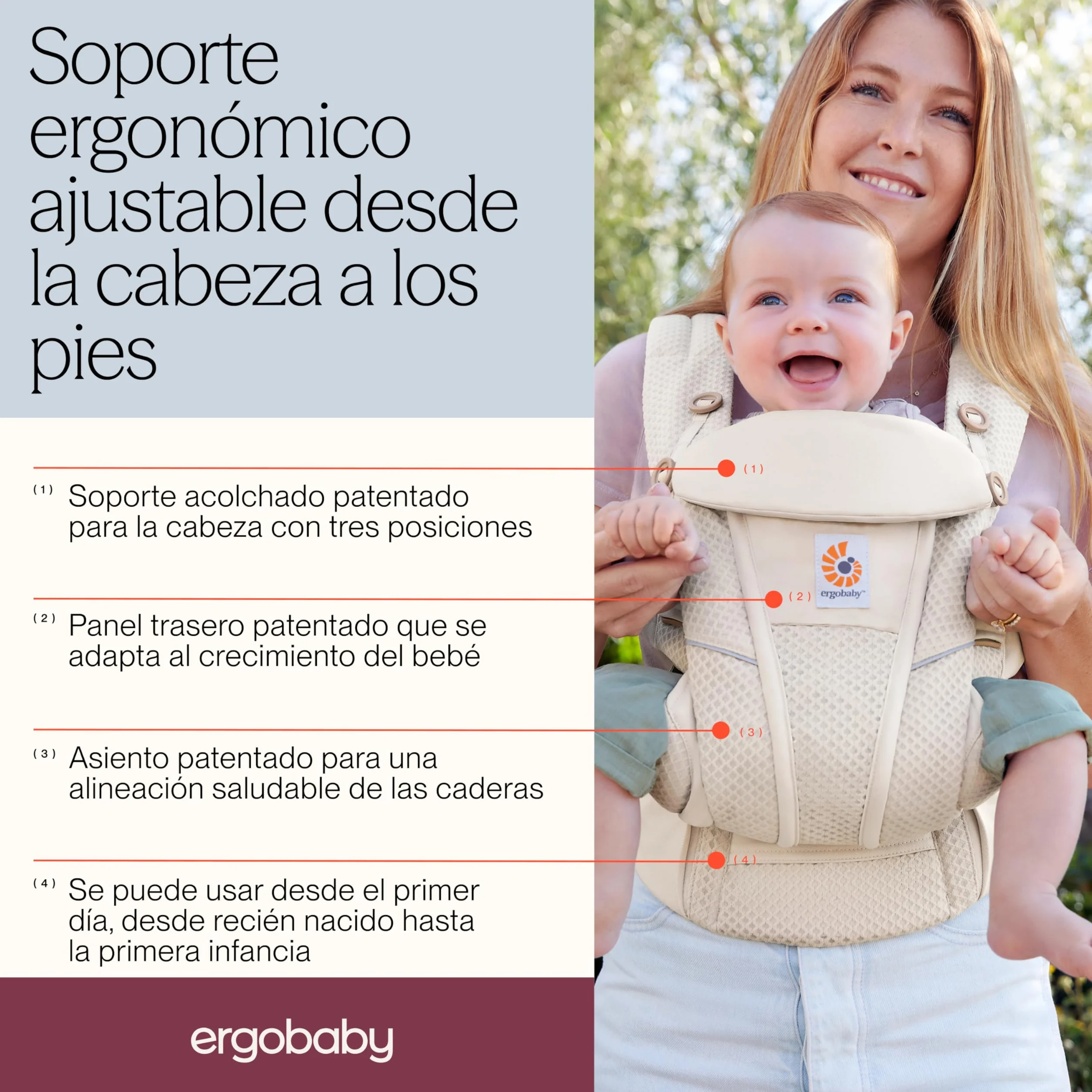 Ergobaby Mochila portabebé Omni Breeze 0-4 años 3,2-20kg Malla SoftFlex 4 posiciones Pearl Grey