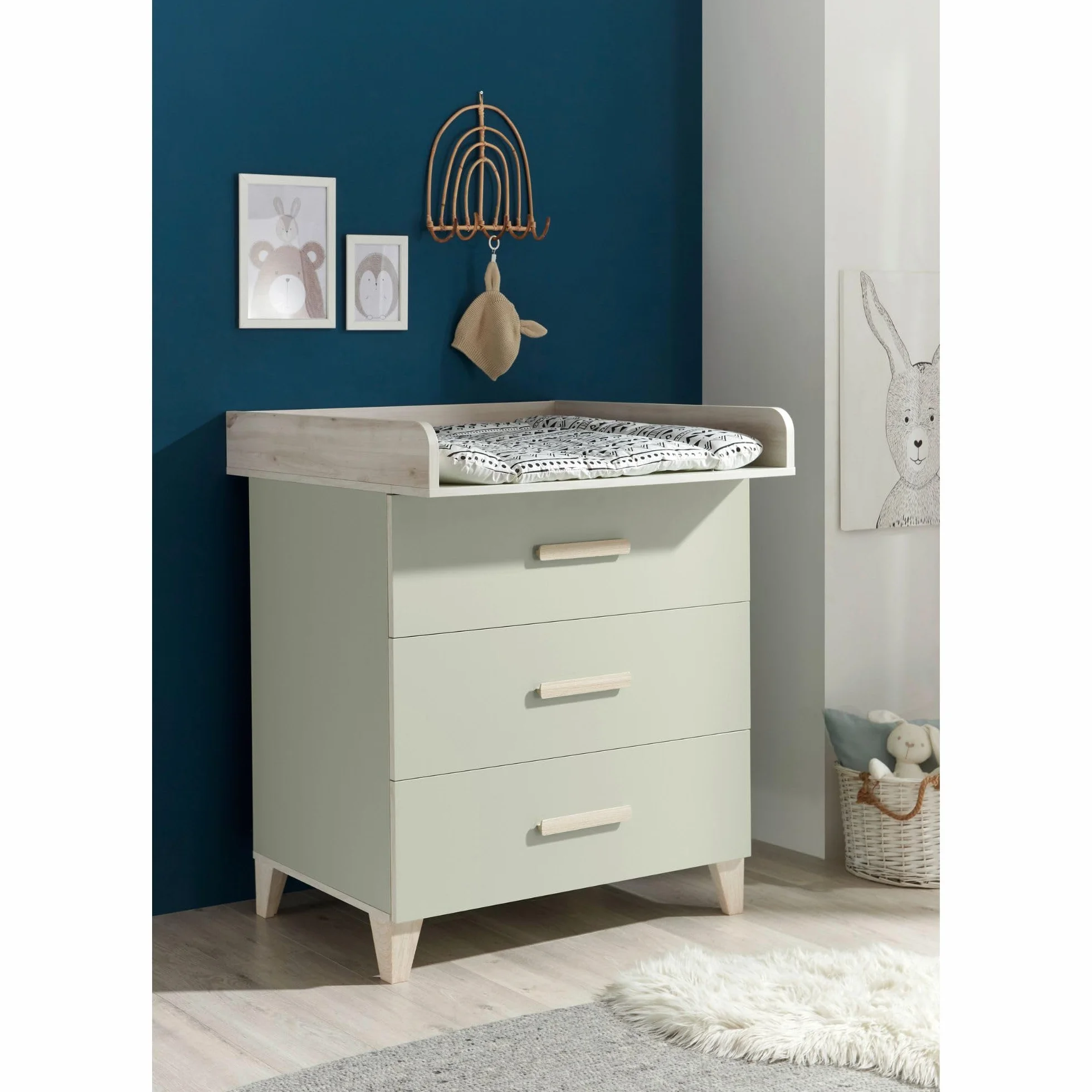 Stella Trading Prizzi Completo Color Verde Pastel/Aurum, Juego de Muebles para habitación de bebé de 3 Piezas Compuesto por Armario, Cuna y Cambiador, Madera, Komplett-Set