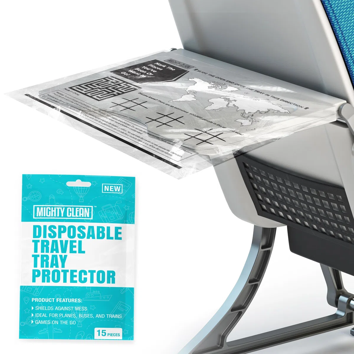 Mighty Clean - 15 Protectores Desechables de Bandeja de Viaje │ Esenciales de Viaje en avión para niños pequeños, niños y Adultos │ Imprescindible para Volar │ Proporciona una Superficie Limpia y