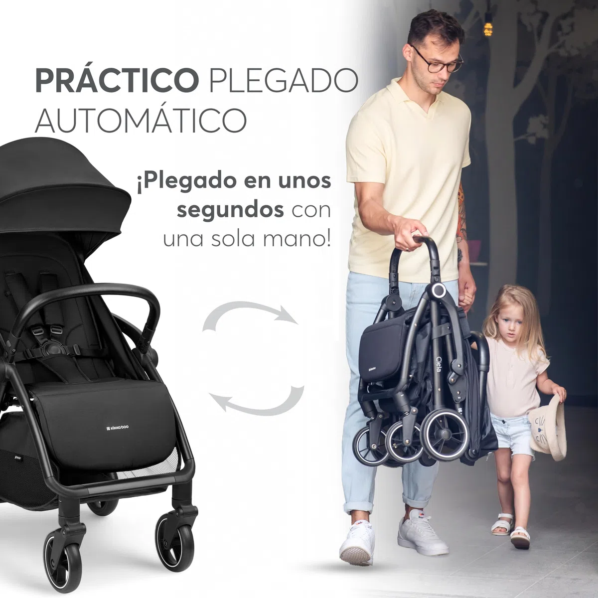 KikkaBoo Silla de Paseo Ligera CIELA, Carrito Bebé Compacto hasta 22 kg, Plegado Automático, Reclinable, Superligero, Tamaño Cabina Avión, Negro